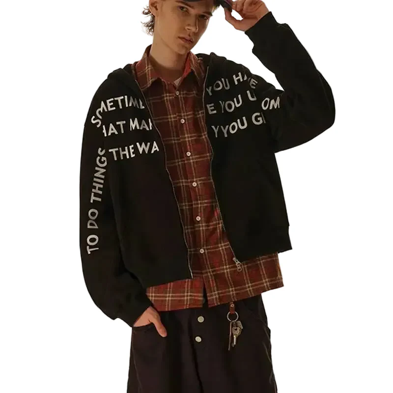 Black Double Zip Up Hoodie w/ Text - Image 3