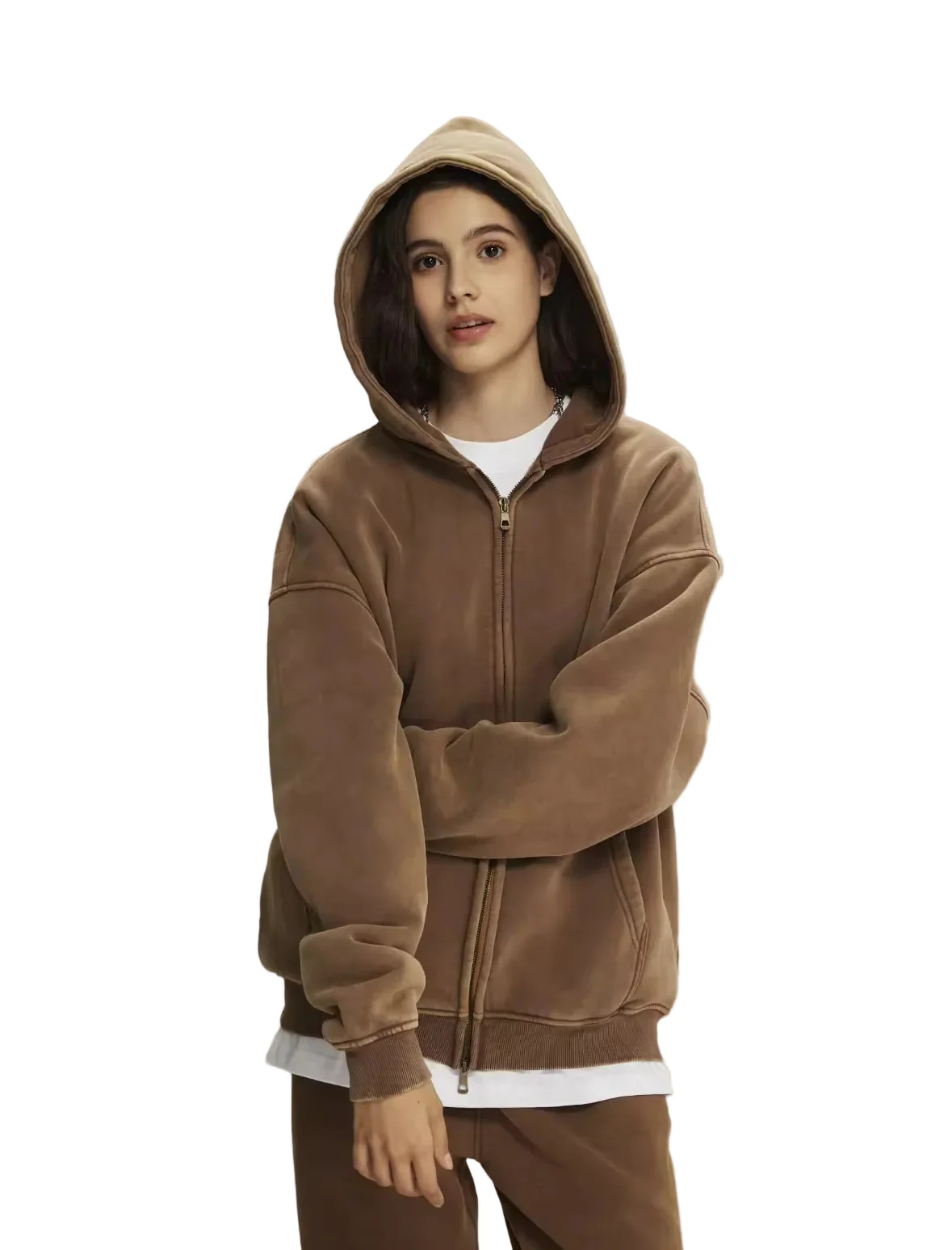 Faded Brown Double Zip Up Hoodie - Image 3