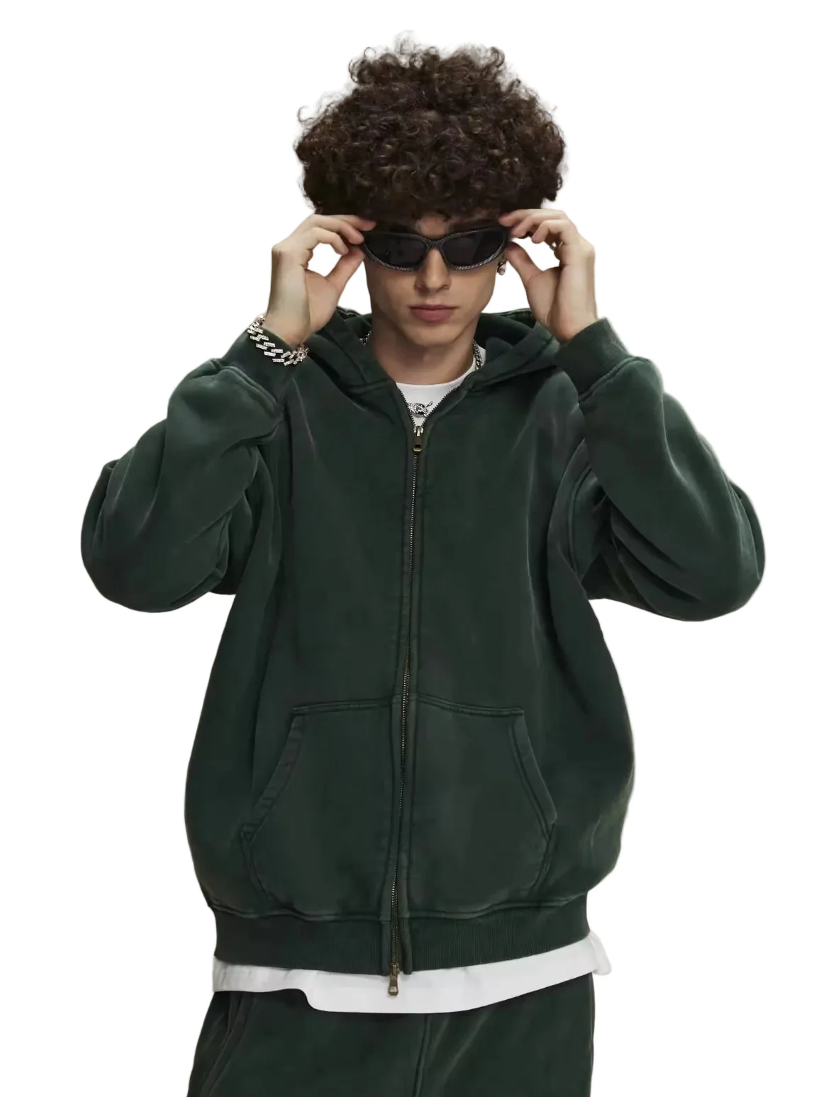 Faded Green Double Zip Up Hoodie - Image 3