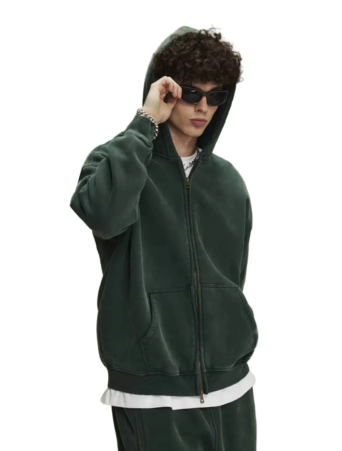 Faded Green Double Zip Up Hoodie - Image 4