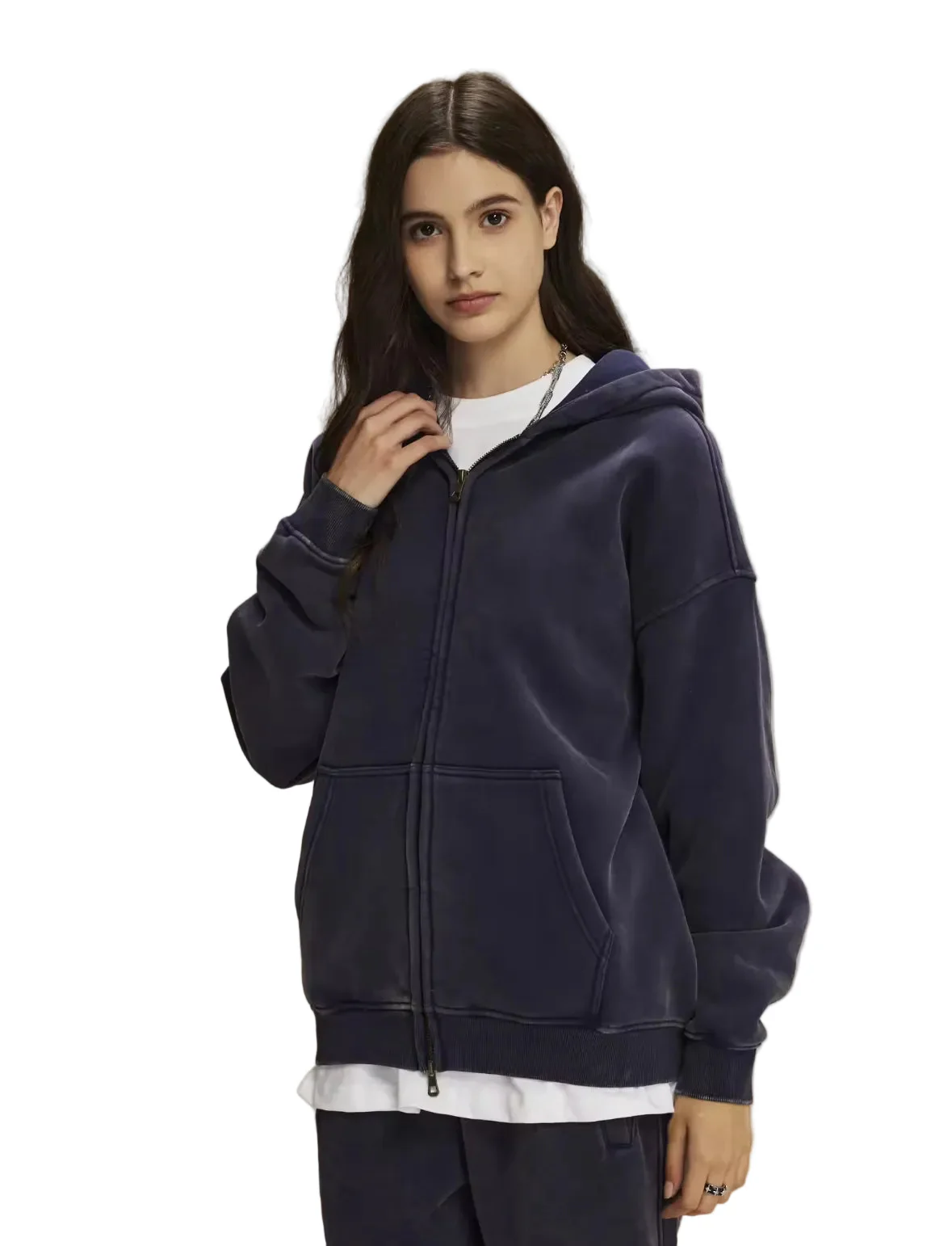 Faded Navy Blue Double Zip Up Hoodie - Image 3