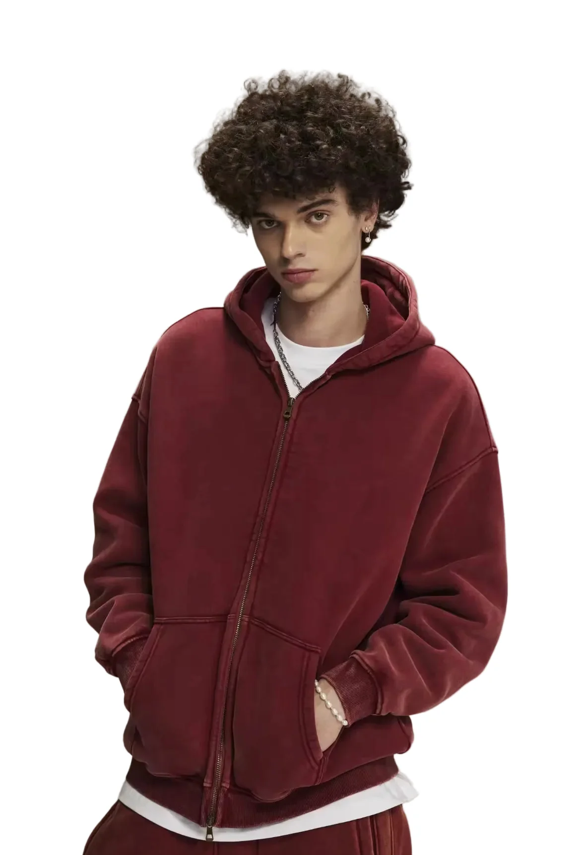 Faded Red Double Zip Up Hoodie - Image 3
