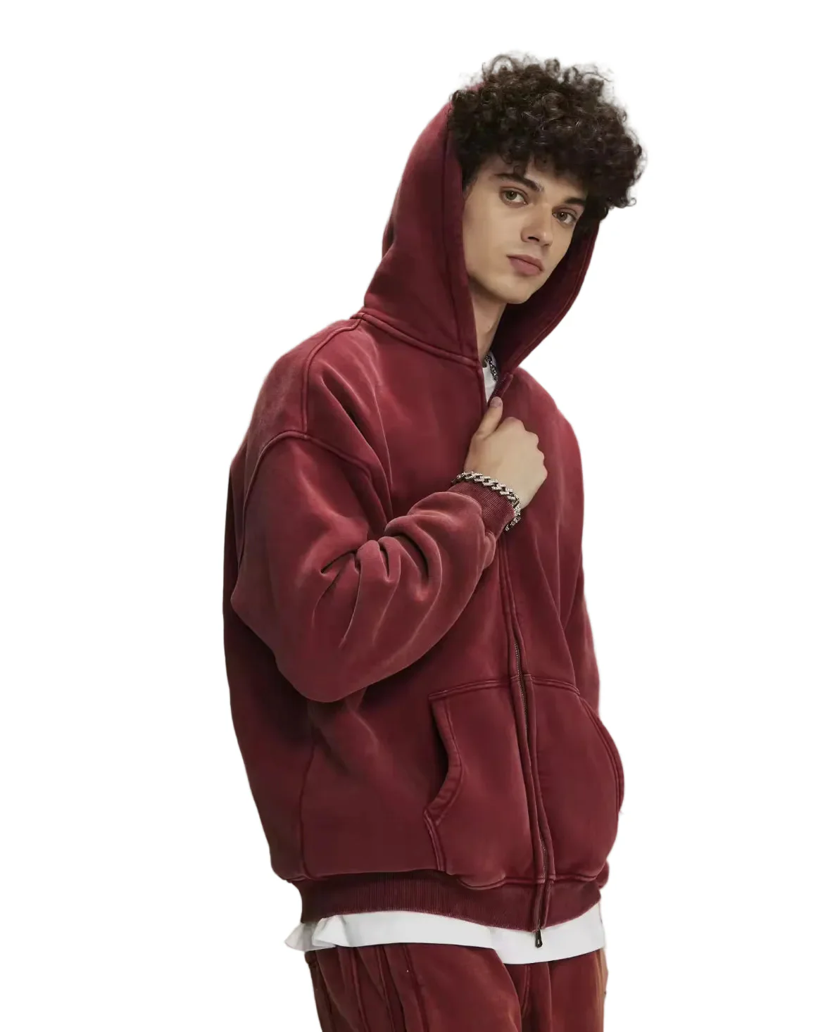 Faded Red Double Zip Up Hoodie - Image 4