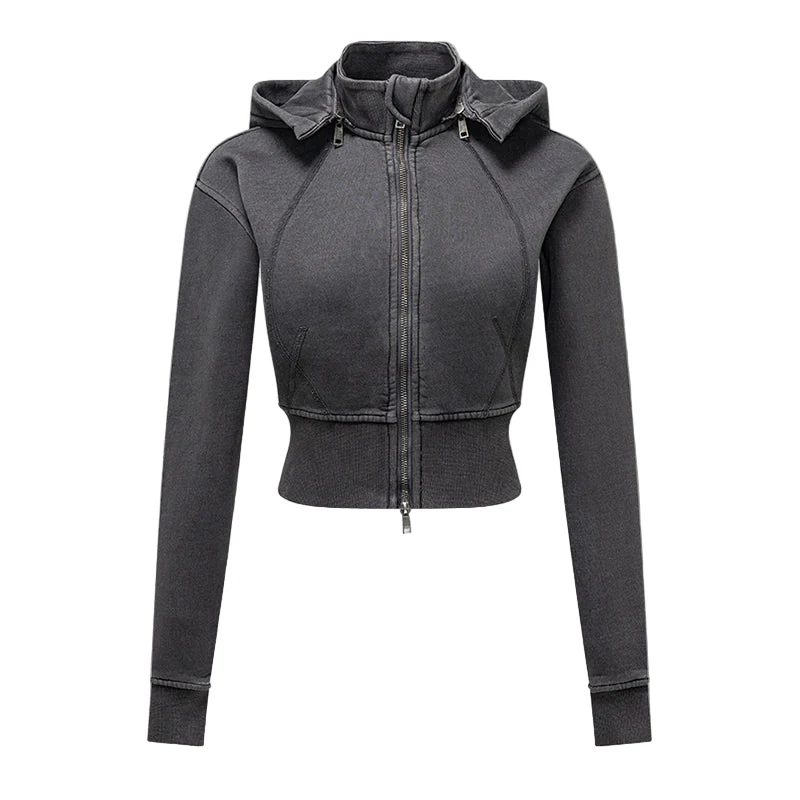 Womens Detachable Hood Cropped Double Zip Up Sweatshirt - Image 10