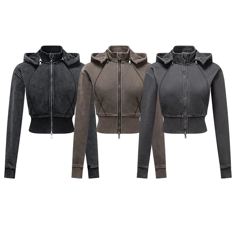 Womens Detachable Hood Cropped Double Zip Up Sweatshirt - Image 11