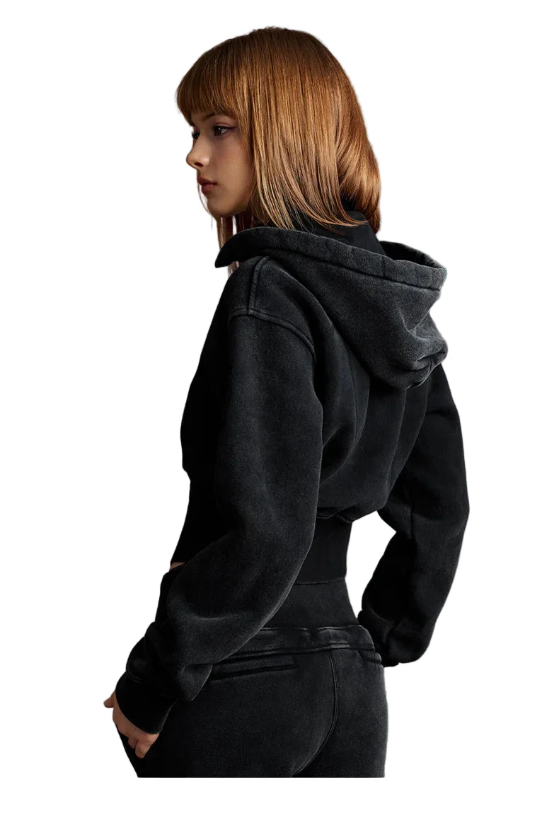 Womens Detachable Hood Cropped Double Zip Up Sweatshirt - Image 6