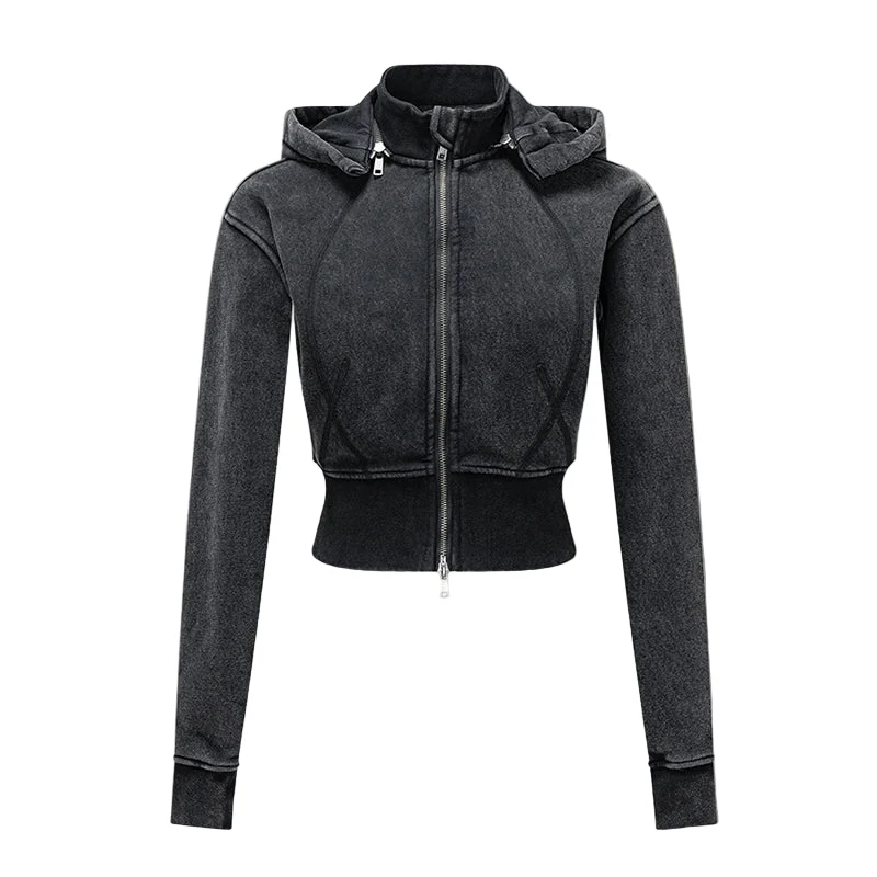 Womens Detachable Hood Cropped Double Zip Up Sweatshirt - Image 8