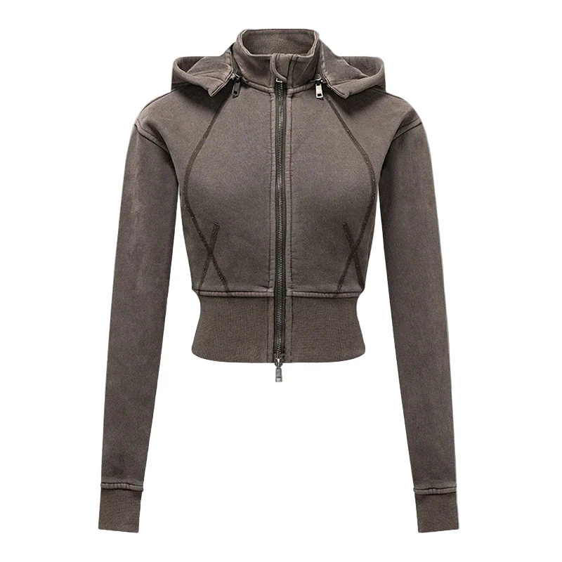 Womens Detachable Hood Cropped Double Zip Up Sweatshirt - Image 9