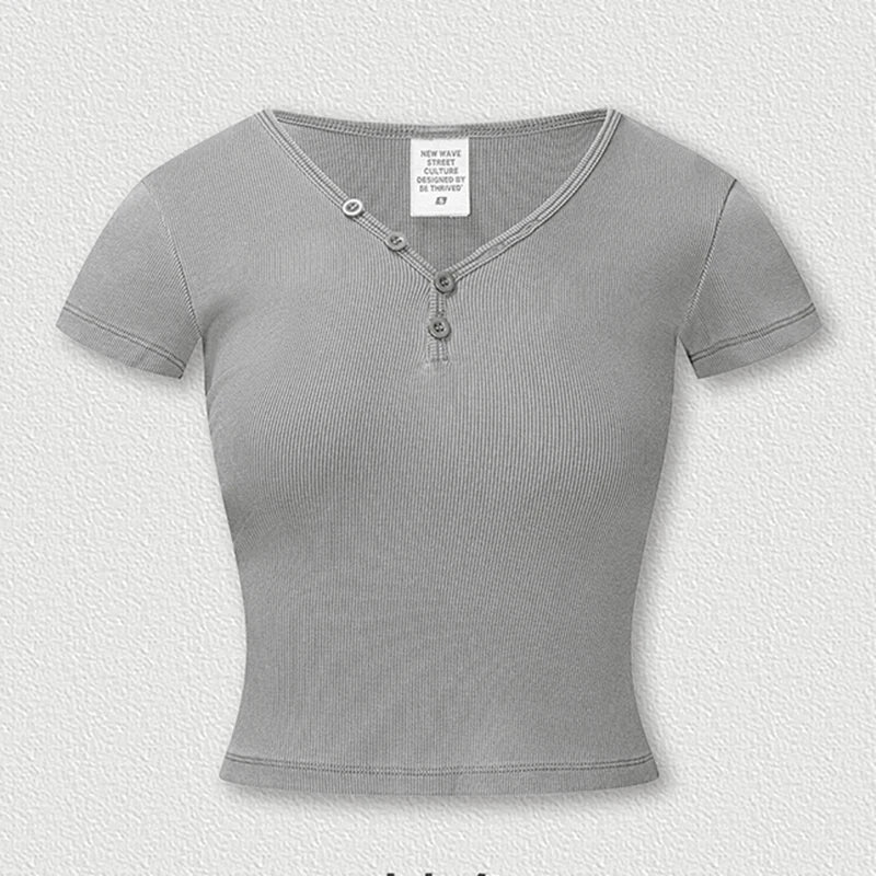 Womens Short Sleeve V-Neck Henley T-Shirt - Image 4