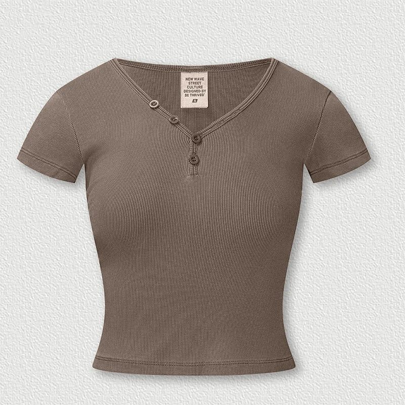 Womens Short Sleeve V-Neck Henley T-Shirt - Image 5